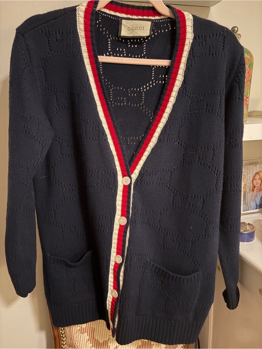 Gucci Navy Cardigan with Red and White Stripe Trim